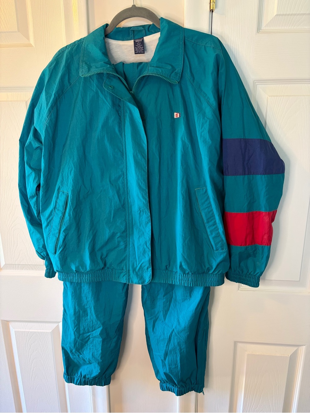 VTG Lands’ End Tracksuit Set Teal Windbreaker Jacket/Pants Colorblock 90s Large